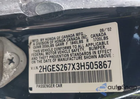 2003 Honda Civic Ex z USA, uszkodzony, nr VIN 2HGES267X3H505867